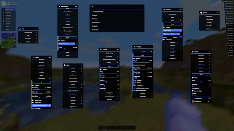 ClickGUI：开关功能、调整设置的主面板，自带搜索栏快速定位模块