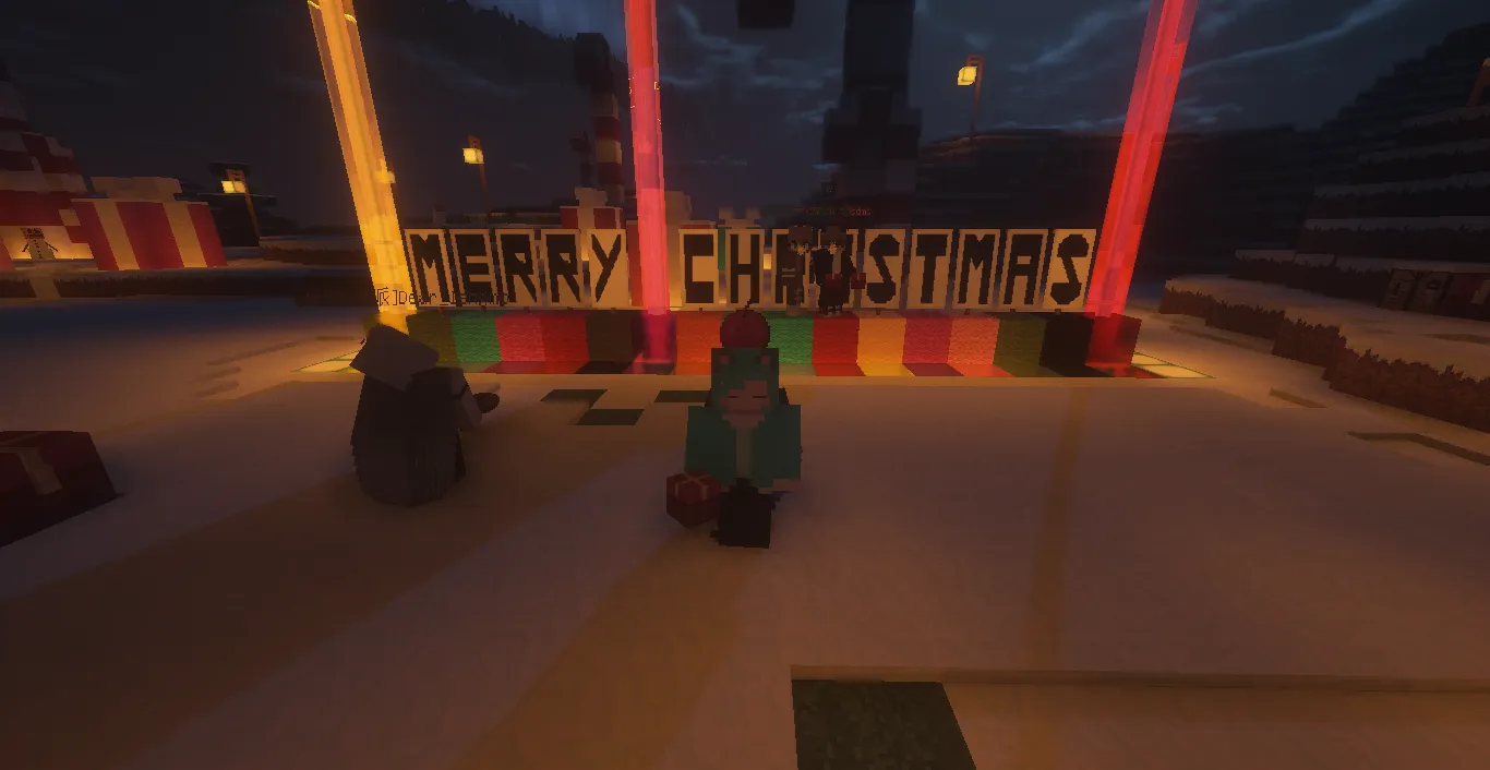 时光 MC 的圣诞节，雪地上立起 MERRY CHRISTMAS 的灯牌。
